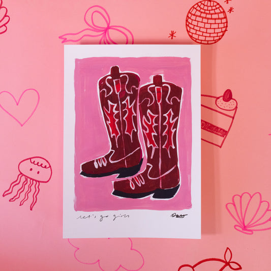 red and pink cowboy boot print