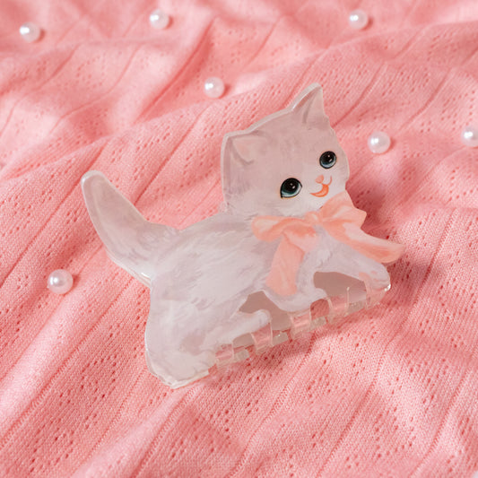 white cat clip with pink bow