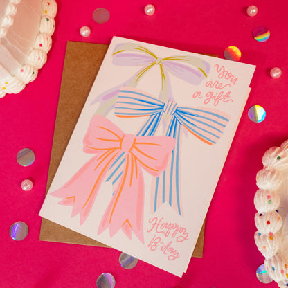 pink, blue and purple bow bday card
