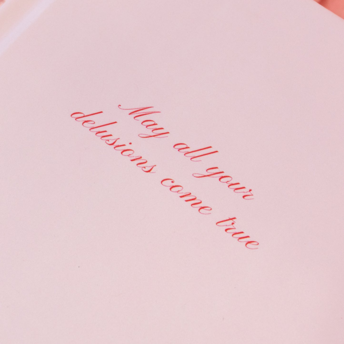 pink notebook with may all your delusions come true in red lettering