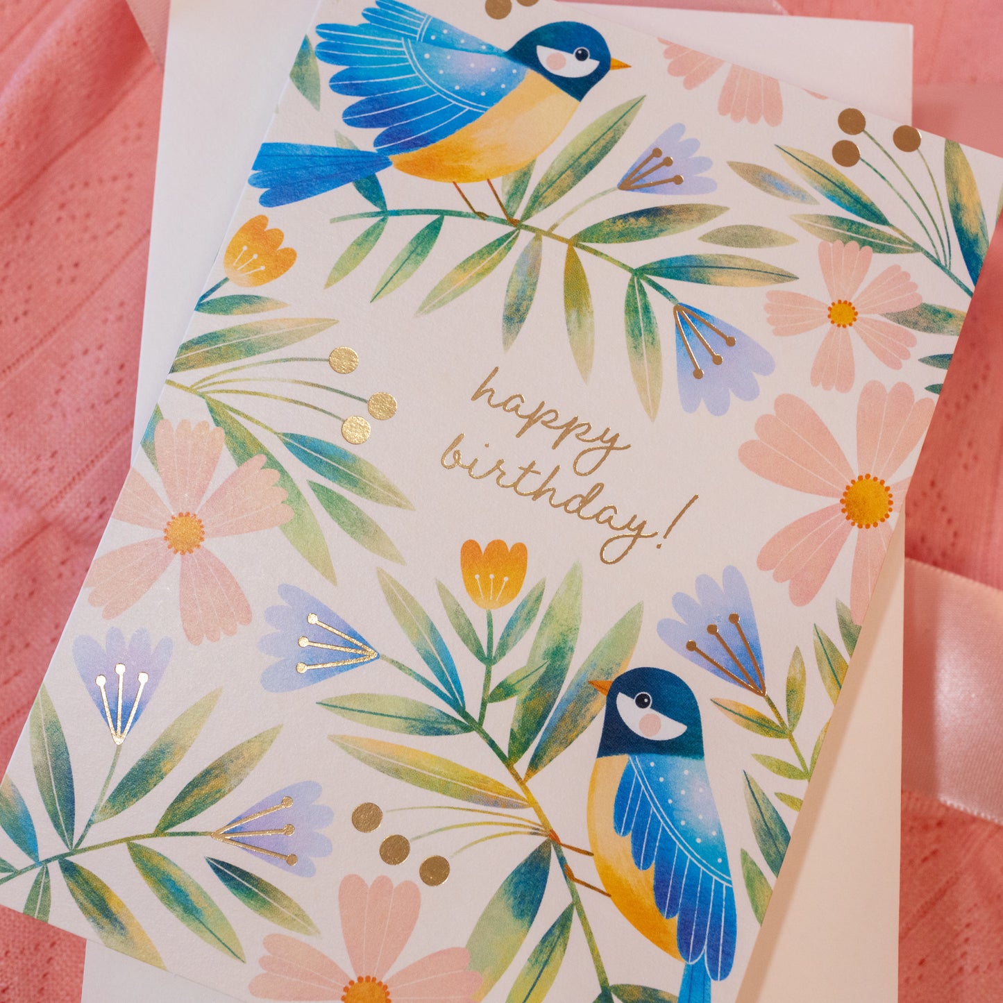 birthday card with purple, pink and yellow flowers