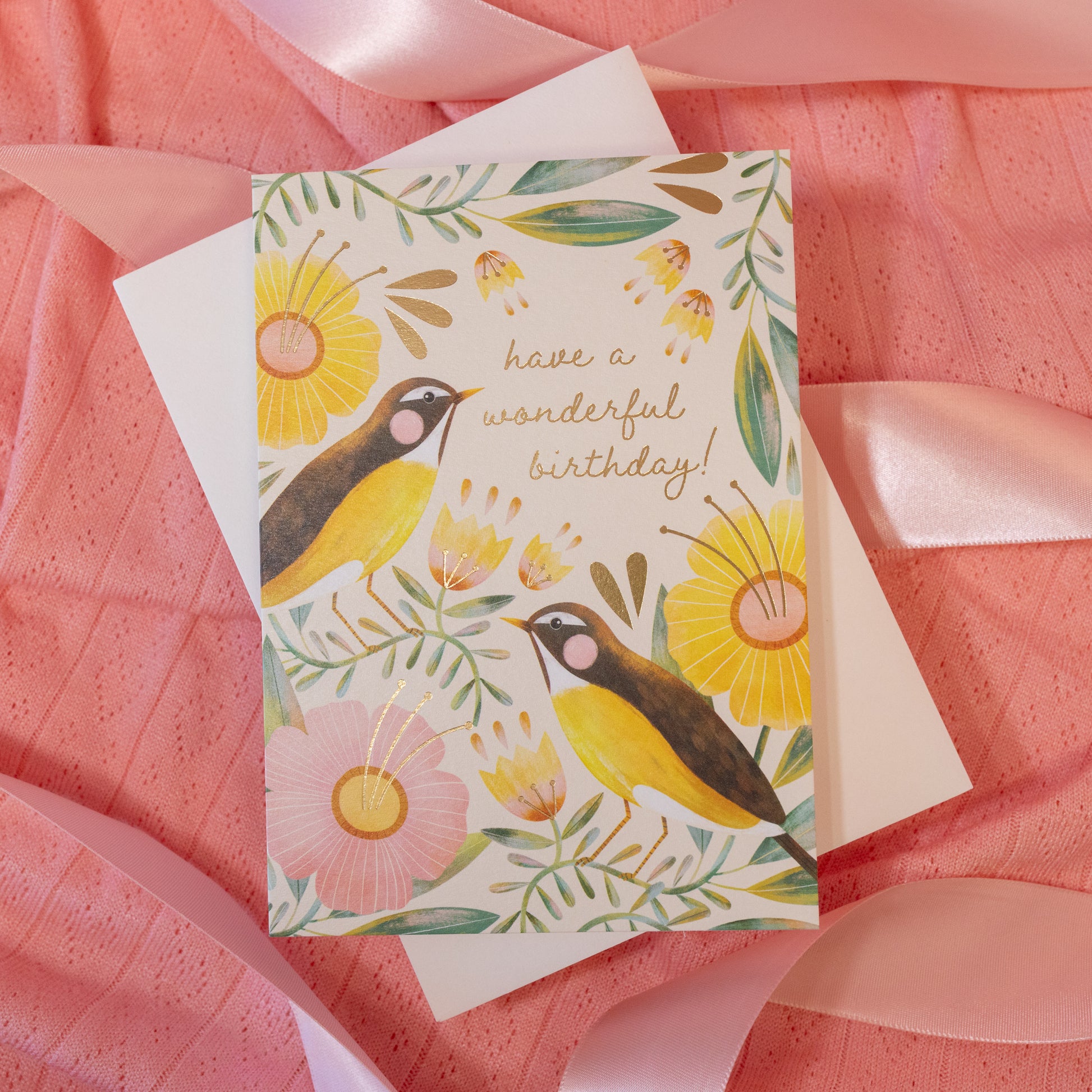 yellow and pink greenery birthday card